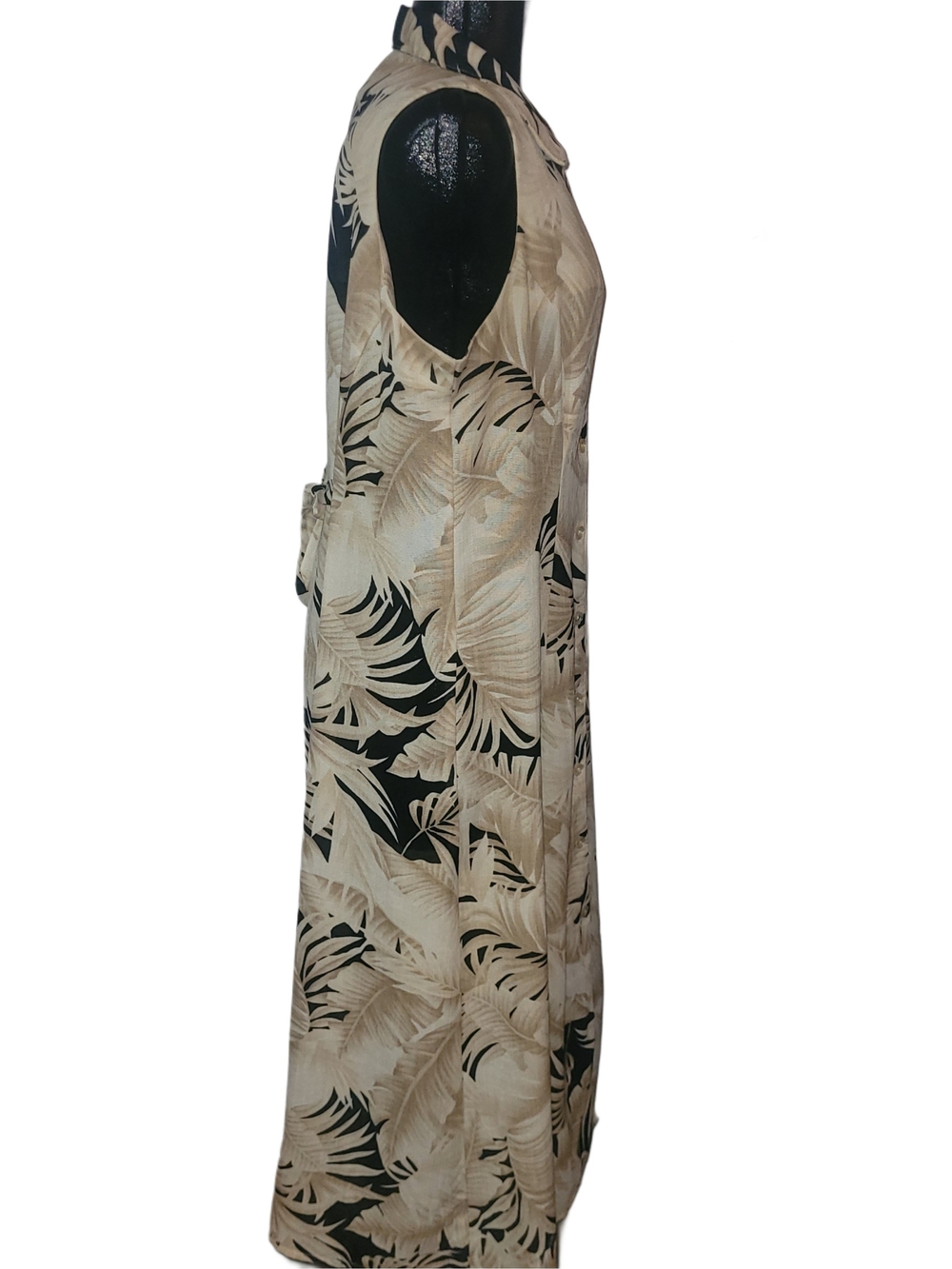 Hiroko 90's Sleeveless Tan & Black Tropical Print Button-Front Maxi Dress XL - Picture 6 of 8